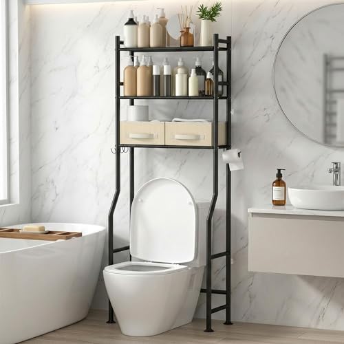 GloTika 3-Tier Over Toilet Storage, Anti-Tilt, 64" H, Black, 2 Baskets by QualityHomewareTimlessComfort