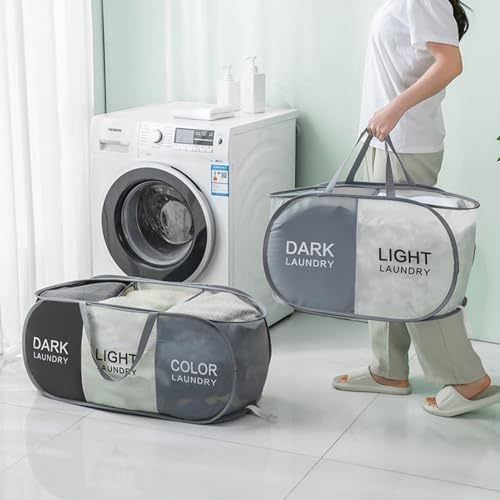 Collapsible Laundry Baskets with 2 Compartments, Black + Begie - Image 7