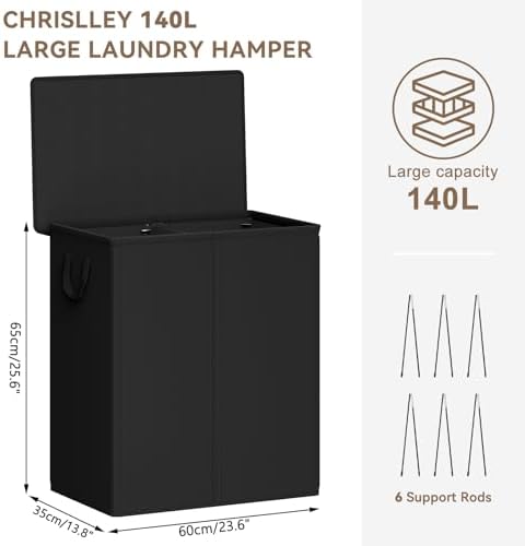 Chrislley Double Laundry Hamper with Lid, 140L Laundry Basket 2 Section - Image 2