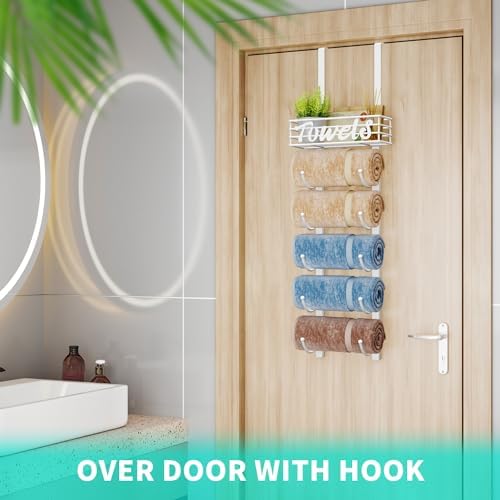 HapiRm Towel Racks for Bathroom Storage - 6 Tier Over The Door & Wall Mount Rolled Towel Storage Organizer Holder with Metal Shelf Basket for Small Bathroom, Camper, Rv - White, Patented - Image 4
