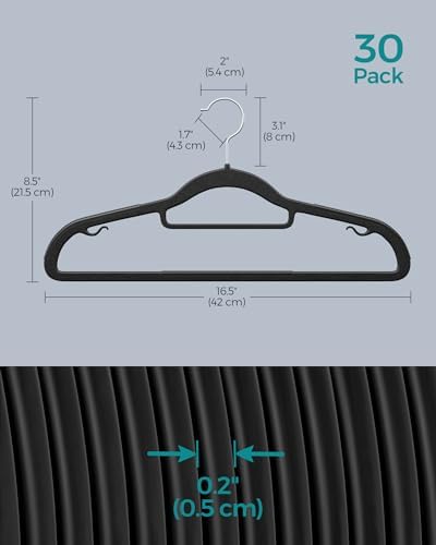 SONGMICS Pack of 30 Coat Hangers, Space-Saving Plastic Clothes Hangers | Non-Slip, 0.2 Inches Slim, 16.5 Inches Wide, 360° Swivel Silver Hook, Black and Gray, UCRP20BK30 - Image 6