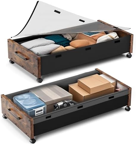 KITHELP Wooden Under Bed Storage with Wheels, 80L Extra-large Rolling Under the Bed Storage Bins 2 Pack with Removable Lid, Upgrade Metal Under Bed Drawers for Clothes Shoes Blankets in Bedroom by KITHELP