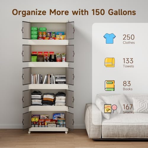 Collapsible Storage Bins with Lids and Front Doors, Heavy-Duty Stackable Plastic Organizers, Folding Utility Storage Boxes for Garage, Office, Pantry and Home (5, White, 30 Gal/Rack) - Image 4