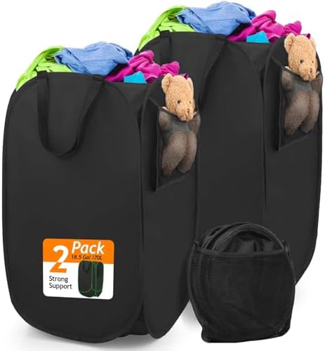Upgraded Polyester Pop-up Laundry Hamper 2 Pack, 70L(18.5 Gal) Laundry Basket with Durable Handles Solid Bottom High Carbon Steel Frame and Side Pocket, Easy to Open Fold Flat for Storage by HOUSEAGAIN