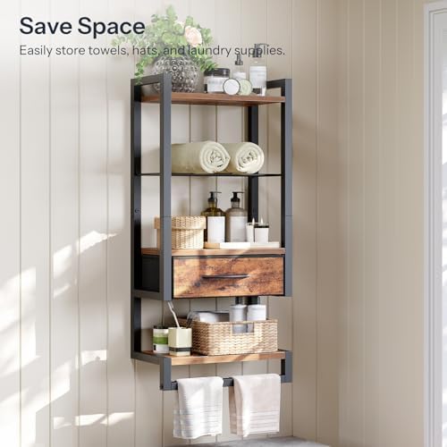 HOOBRO Wall Mounted Towel Rack with Shelf and Drawer, Bathroom Wall Storage Shelf with Towel Bar, Space Saving Over Toilet Organizer for Bathroom, Rustic Brown BF11LB01 - Image 2