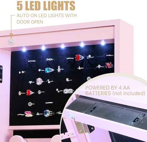 Full Length Mirror Jewelry Cabinet Organizer Lockable Door Wall-Mounted Jewelry Armoire with Shelves and Behind the Door Storage Pink - Image 2