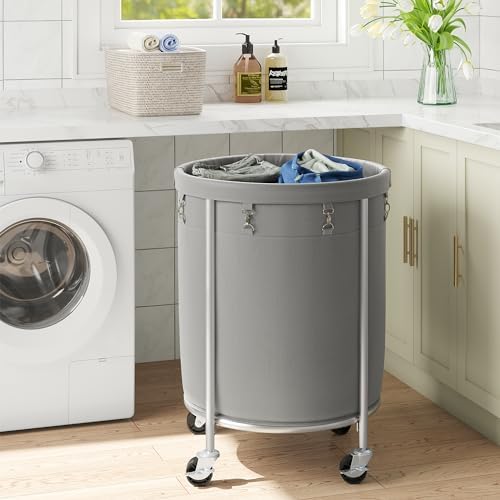 ELYKEN Laundry Basket with Wheels, Round Rolling Laundry Hamper, Gray - Image 6