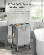 SONGMICS Laundry Basket with Wheels, 2-Section, 37.0 Gallons (140 L) - Image 3
