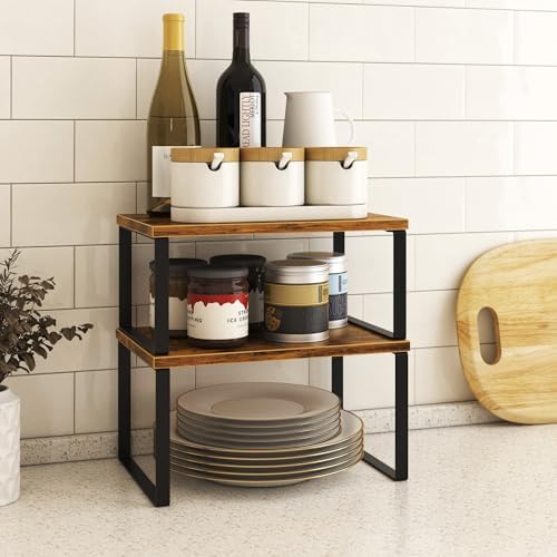 Kitchen Cabinet Organizer Shelf Set of 4, Sturdy Kitchen Counter Shelves with Metal Legs, Stackable Expandable Wood Spice Rack Pantry Cupboard Dish Mug Cup Storage Organizer Shelf, Rustic Brown - Image 5