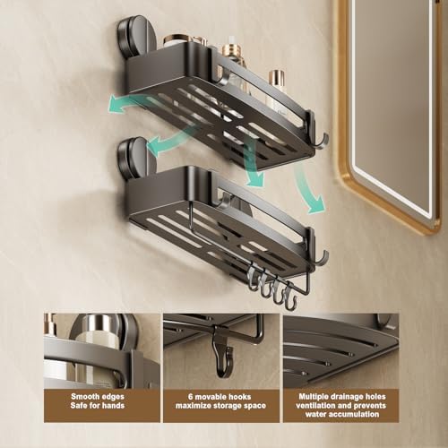 VOLPONE Shower Caddy Suction Cup, 1 Pack Corner Shower Shelves No Drilling, Showers Organizer Storage with Towel Bar & Removable Hooks, Bathroom Shower Shelf Rack for Inside Showers - Image 4
