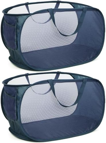 Durable Collapsible Laundry Baskets, Mesh Pop Up Laundry Hamper with Side Pocket, Foldable Clothes Hamper with Reinforced Carry Handles for Laundry, Bathroom, Kids Room, Dorm, Travel 2 Pack Navy Blue by Bemkoo