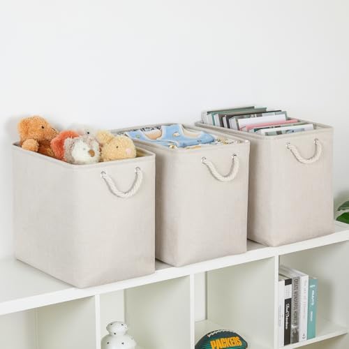 Bidtakay Extra Large Storage Baskets for Organizing Clothes Storage Bins 3 Pack Fabric Storage Bins for Shelves Linen Collapsible Organizer for Closet-Light Biege - Image 3