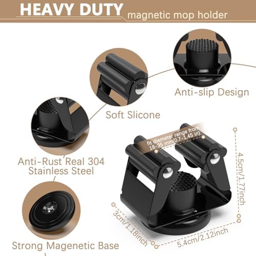 3-H 4 Pack Magnetic Broom Holder with 4 Pack Mini Magnetic Hooks,Black - Image 2