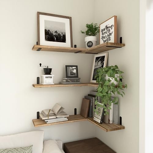WOPITUES Wood Floating Shelves Set of 6, Shelves for Wall Decor, Farmhouse Shelf for Bedroom, Bathroom Storage Shelves, Book Shelves for Living Room - Rustic Brown (Pack of 2) - Image 5