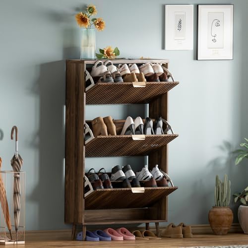 Shoe Cabinet Storage,Modern Freestanding Organizer with 3 Flip Drawers,Narrow Shoe Rack Cabinet for Entryway,Walnut - Image 6