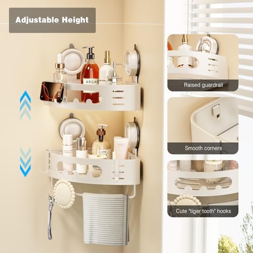 Voldra Corner Shower Caddy Suction Cup, Aluminum Corner Shower Shelves for Wall No Drilling, Large Suction Cup Shower Organizer with Towel Bar & Hooks Removable Bathroom Storage (1 Pack-Cream White) - Image 2