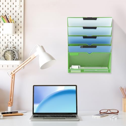 EASEPRES 6 Tier Mesh Hanging Wall File Organizer, Desk Vertical Mail Paper Document Folder Holder Rack with Bottom Tray and Nametag Label for Office Home School, Green - Image 6