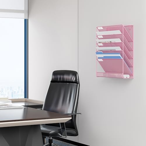EasyPAG 5 Tier Wall File Holder, Mesh Hanging Folder Organizer with Classify Label, Versatile Desk File Holder, Vertical Wall Mounted Mail Organizer for Office Home Cubicle, Pink - Image 6
