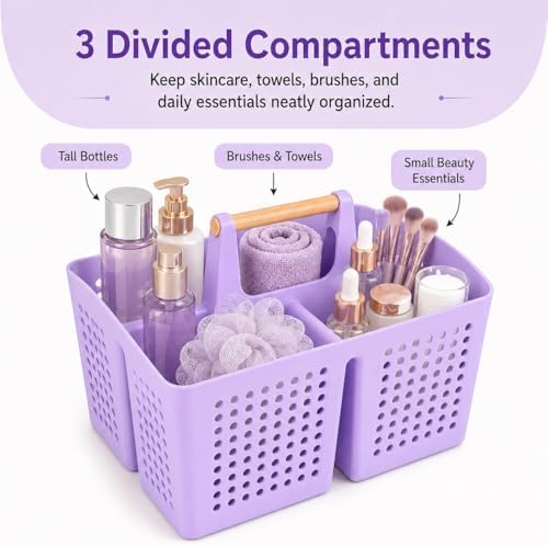 Portable Shower Caddy Basket with 3 Compartments and Handle, Purple - Image 3