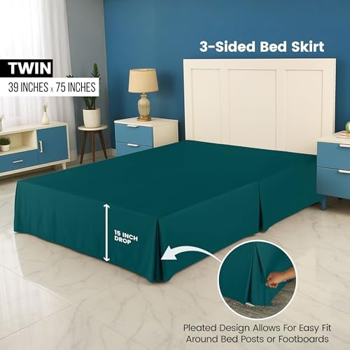 Twin Bed Skirt, Hides Under-Bed Storage 15 Inch Drop, Pleated, Teal - Image 2