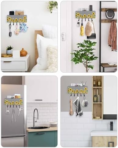 Sunflower Key Holder Wall Mount,Black White Check Country Yellow Floral Black Hanging Mail Organizer with 5 Key Hooks Wall Decorative,Adhesive Key Rack with Shelf for Hallway Kitchen Entryway Decor - Image 6
