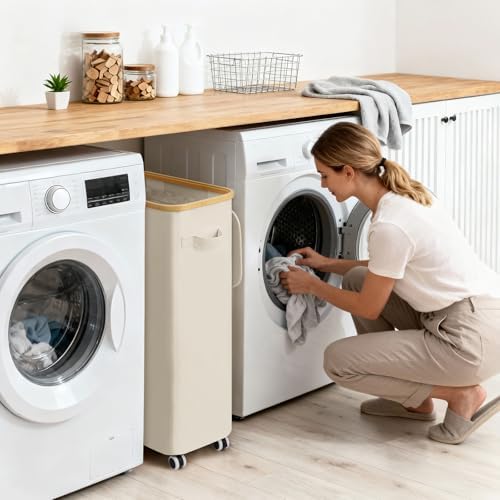Goodpick 75L Slim Rolling Laundry Basket with Wheels and Lid, Beige - Image 2