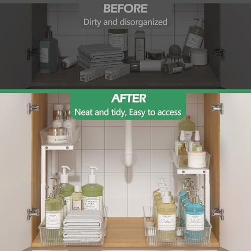 ADRIMER Under Sink Organizer 2 Packs, Pull Out Kitchen Sink Organizer, 2 Tier Slide Out Kitchen Organizers and Storage Bathroom Under Cabinet Storage Shelf, Transparent & White - Image 5