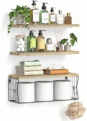 Floating Bathroom Shelves Wall Mounted - Wooden Shelf Set of 3 for Over Toilet Storage & Farmhouse Bathroom Decor - Perfect Shelving Organizer for Apartments RVs Powder Room Restroom - Wood by Unknown