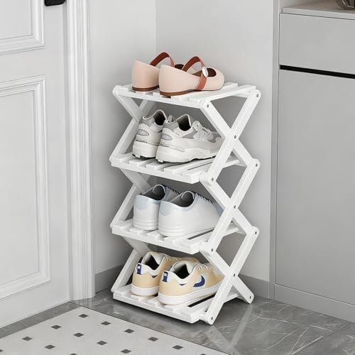 Vertical Small Shoe Rack White, 4 Tier Portable Folding Shoe Storage Rack, Without Installation Free Standing Shoe Rack for Corridors, Bedrooms Living Room Corner and Small Spaces by Akloya