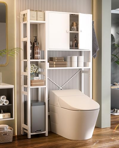 Over The Toilet Storage Cabinet with Doors - 7 Tier Bathroom Organizer with Adjustable Shelf, Freestanding Space Saver Rack Above Toilet Stand with 4 Hooks for Bathroom, Restroom, Laundry, White - Image 2