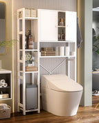 Over The Toilet Storage Cabinet with Doors - 7 Tier Bathroom Organizer with Adjustable Shelf, Freestanding Space Saver Rack Above Toilet Stand with 4 Hooks for Bathroom, Restroom, Laundry, White - Image 2