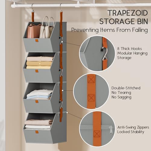 Homsorout Hanging Closet Organizer 4 Tier - Clothes Hanging Shelves, Space-Saving Closet System, Fabric Storage Bins Bedroom Organization, Collapsible Baskets for Home, Dorm, Rv, Grey, 8 Pack - Image 2