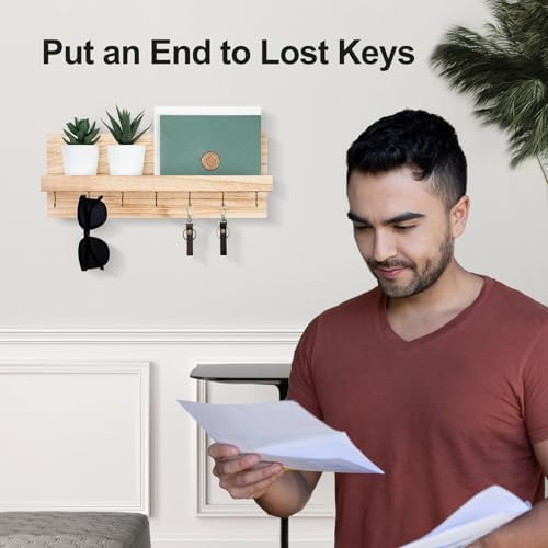 Lwenki Decorative Key Holder for Wall with Shelf, Entryway Shelf with Hooks Holds Leashes, Jackets and Glasses – Sturdy Wood Keyholder Entrance Hanger with Mounting Hardware (Wood, Large) - Image 5