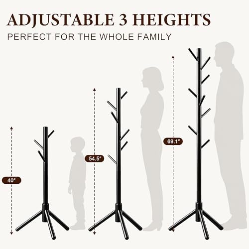 Wooden Coat Rack Freestanding with 8 Hooks & 3 Adjustable Sizes for Clothes, Space-Saving Design for Bedroom Office Entrance Holds Hats Coats Scarves Bags - Image 4