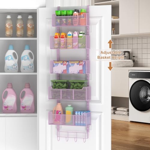 VyGrow Over The Door Organizer, Metal Door Organizer Hanging with 5 Adjustable Baskets and Coat Hook, Behind The Door Storage for Bedroom Closet Bathroom Pantry Cabinet Kitchen, Purple - Image 2