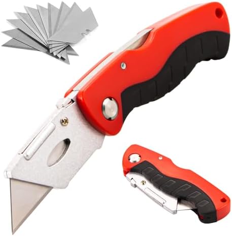 Box Cutter with 10 Extra Blades, Heavy Duty Folding Utility Knife for Cardboard, Carton, Carpet Cutting, Anti-slip Rubber & ABS Handle, Quick Replace Blade by Besosay