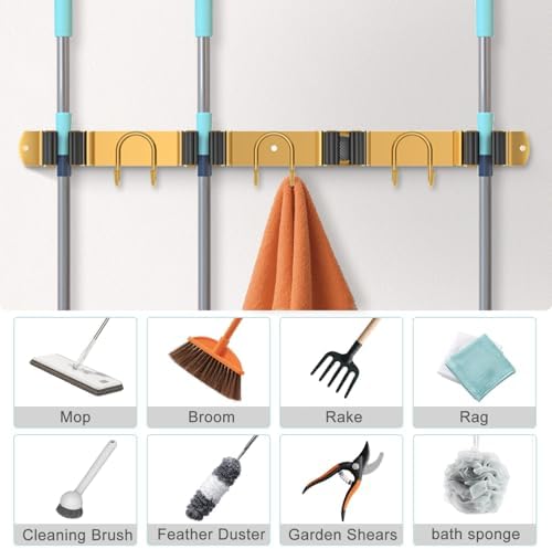 Mop Broom Holder Wall Mount, 2 Packs Gold Stainless Steel Tool Storage Organizer for Kitchen Garden Garage Laundry Room Bathroom and RV with 4 Slots 6 Hooks - Image 5