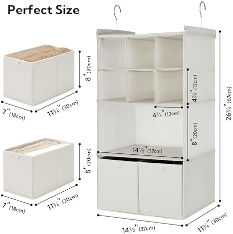 GRANNY SAYS 4-Shelf Hanging Closet Organizer with Drawer, Foldable Storage | Dividers Closet Hanging Organizer, No-Sag Support, Keeps Clothes Neat, Folds Flat, Fits RV, Dorm & Small Closets, Beige - Image 3