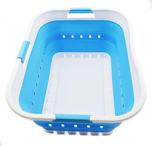 SAMMART 42L (11 gallon) Collapsible Plastic Laundry Basket - Foldable Pop Up Storage Container/Organizer - Space Saving Hamper/Basket (1, White/Marine Blue) by SAMMART
