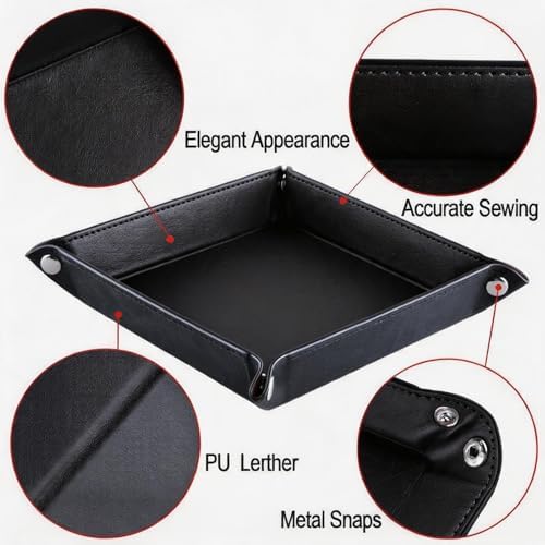 Valet Tray Desktop Storage Organizer – Vegan Leather Catchall Tray Bedside Vanity Tray Nightstand Caddy Holder for Remote Controller, Watch, Keys, Phone, Wallet, Coin, Jewelry, Black - Image 5