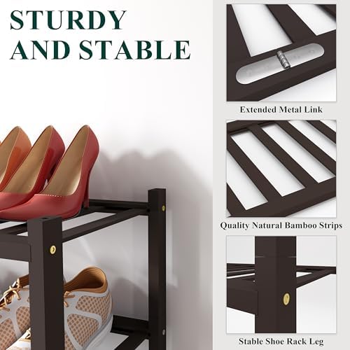 Smiry Bamboo Shoe Rack, 16 Vertical Slats, 2 Tier - 33.7" Wide, Brown - Image 3