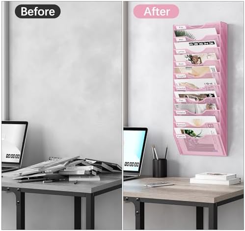 EasyPAG 10 Pocket Mesh Wall File Organizer, Hanging Paper Folder Holder with Classify Label, Vertical Wall Mount Mail Organizer for Office Home Classroom, Pink - Image 5