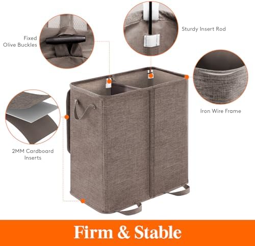 Lifewit Double Laundry Hamper with Lid, Removable Laundry Bags, Brown - Image 2