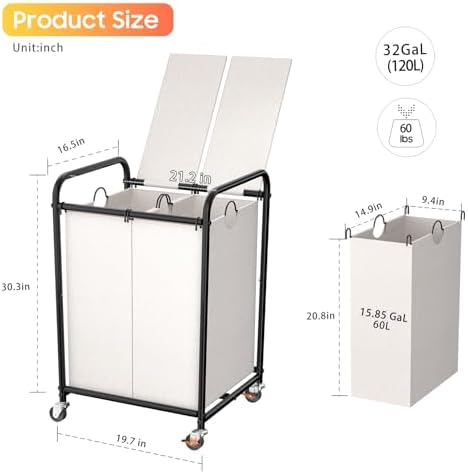 120L Laundry Sorter 2 Section, Rolling Laundry Basket with Wheels ＆ Lid - Image 2