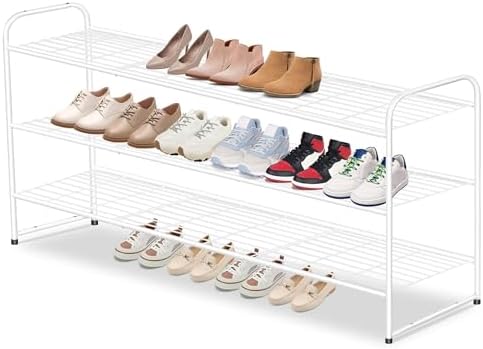AOODA Long 3 Tier Metal Shoe Rack for Closet Wide Stackable Shoe Storage Organizer for Entryway, Bedroom, Floor, 24-Pairs Men Sneakers Boot Shelf with Wire Grid, White by AOODA