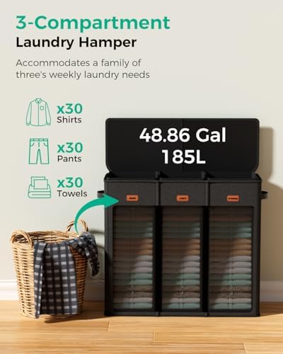 185L Laundry Hamper 3 Section with Lid & Removable Bags - Image 4
