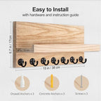 Lwenki Key Holder Wall Mount, Entryway Key and Mail Holder with 7 Sturdy Hooks for Sunglasses, Dog Leash, Decorative Wall Shelf with Mounting Hardware, 15”W x 6.7”H x 4.2”D (Wood) - Image 2