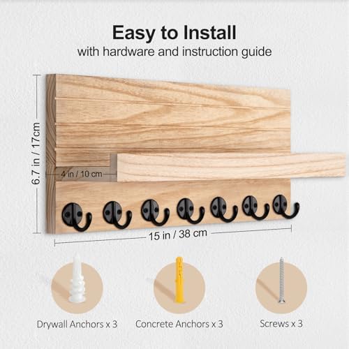 Lwenki Key Holder Wall Mount, Entryway Key and Mail Holder with 7 Sturdy Hooks for Sunglasses, Dog Leash, Decorative Wall Shelf with Mounting Hardware, 15”W x 6.7”H x 4.2”D (Wood) - Image 2