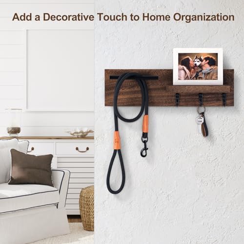 Key Holder for Wall, Decorative Entryway Shelf with Hooks Holds Keys, Dog Leash, Sunglasses – Key Hanger with 3 Hooks Organizes, Enhances Home Decor (15” x 4.5” x 2.6”) (Brown) - Image 4