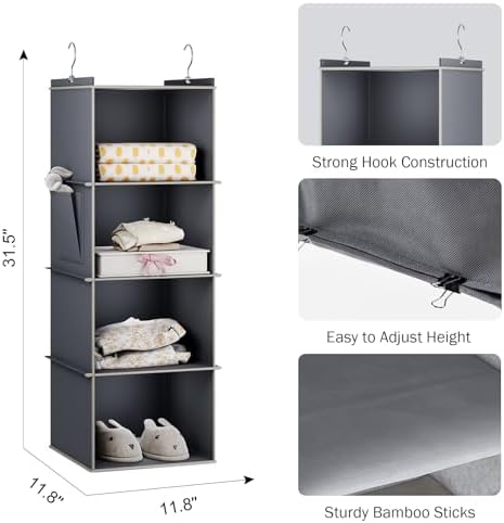 YOUDENOVA Hanging Closet Organizer and Storage for Clothes, 4-Shelf, Grey | Locker/RV/Camper Organizer, Side Pocket, Hanging Shelves for Small Closet, Dorm Room Essentials for Guys, Breathable Fabric - Image 3